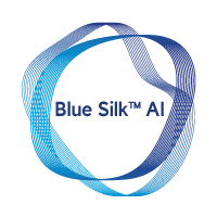 Visualization of the Blue Silk logo, with varying waves of data encircling the name