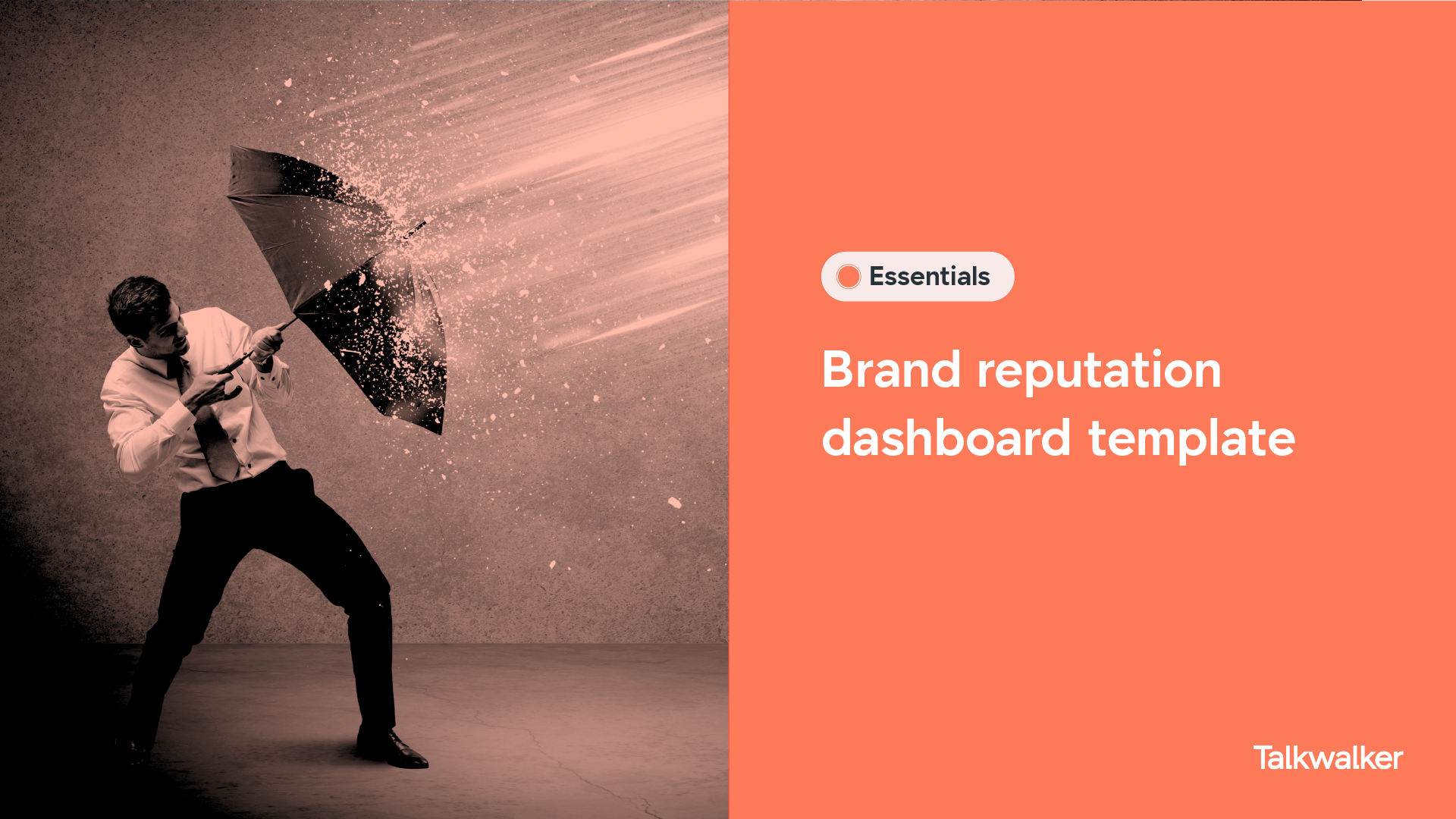 Brand reputation dashboard template illustrated with a man holding an umbrella, protecting himself against powerful rain.